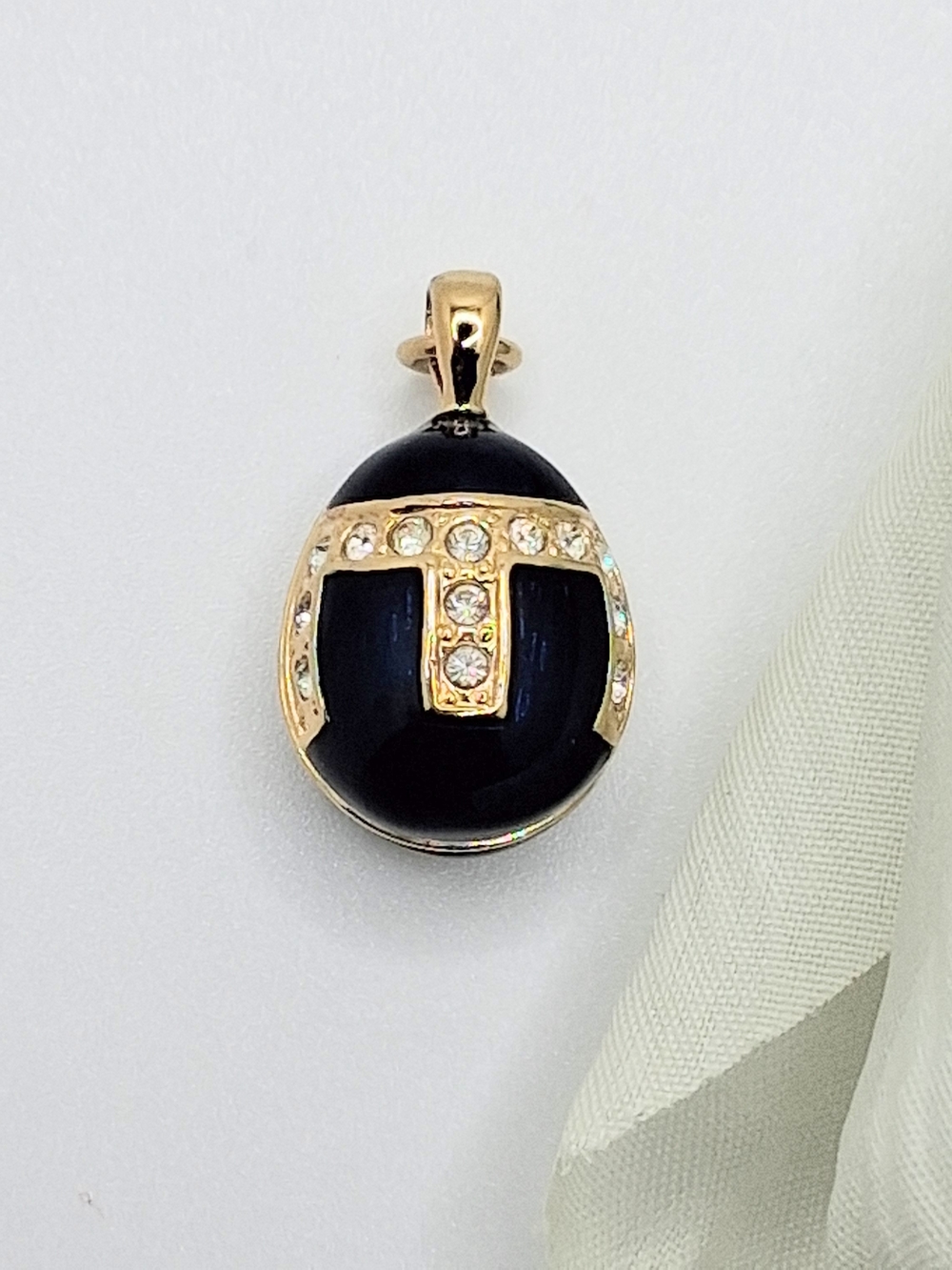 Elegant Blue & Goldtone Enamel Crystal Accent Egg Shaped Pendant